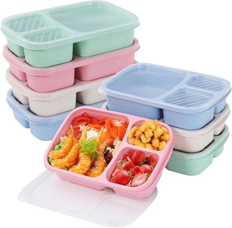 buluker 8 Pack Bento Lunch Box Set 3 Compartment Wheat Straw Meal Prep Food Storage Containers Plastic, Microwave and Dishwasher Safe(light colour) - Image 1